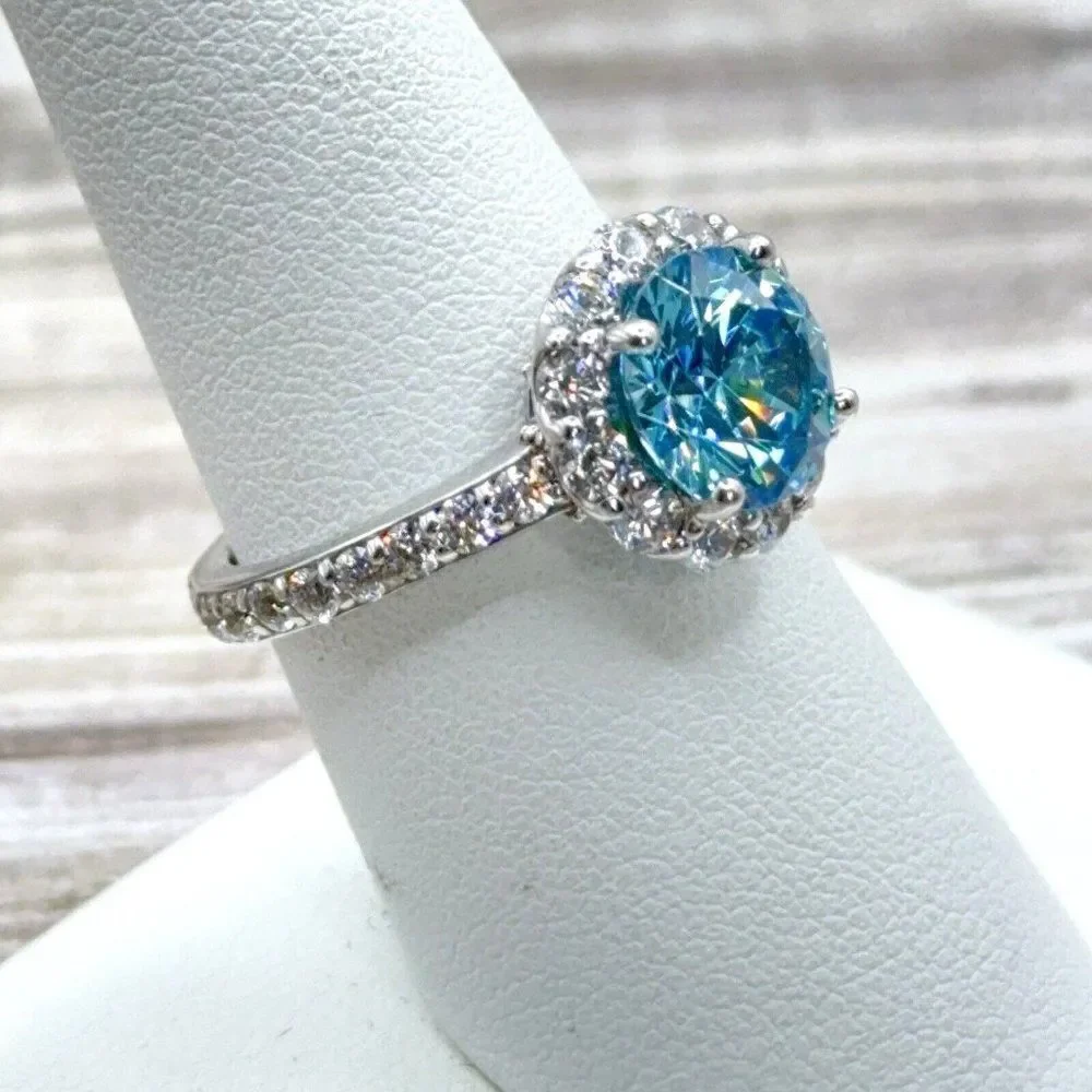 Sterling Silver Ring Sky Blue CZ Faceted Solitaire Halo Clear CZ Size 7.75 Prong - Picture 5 of 14